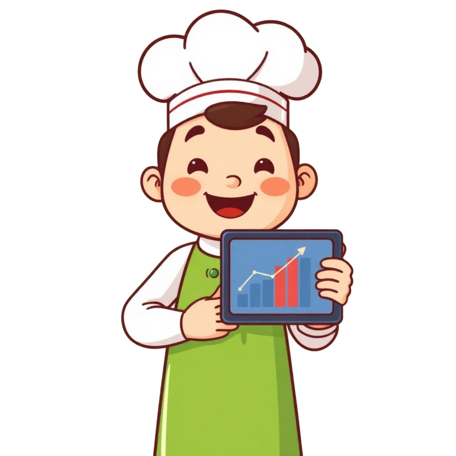 Friendly chef mascot holding a profit dashboard